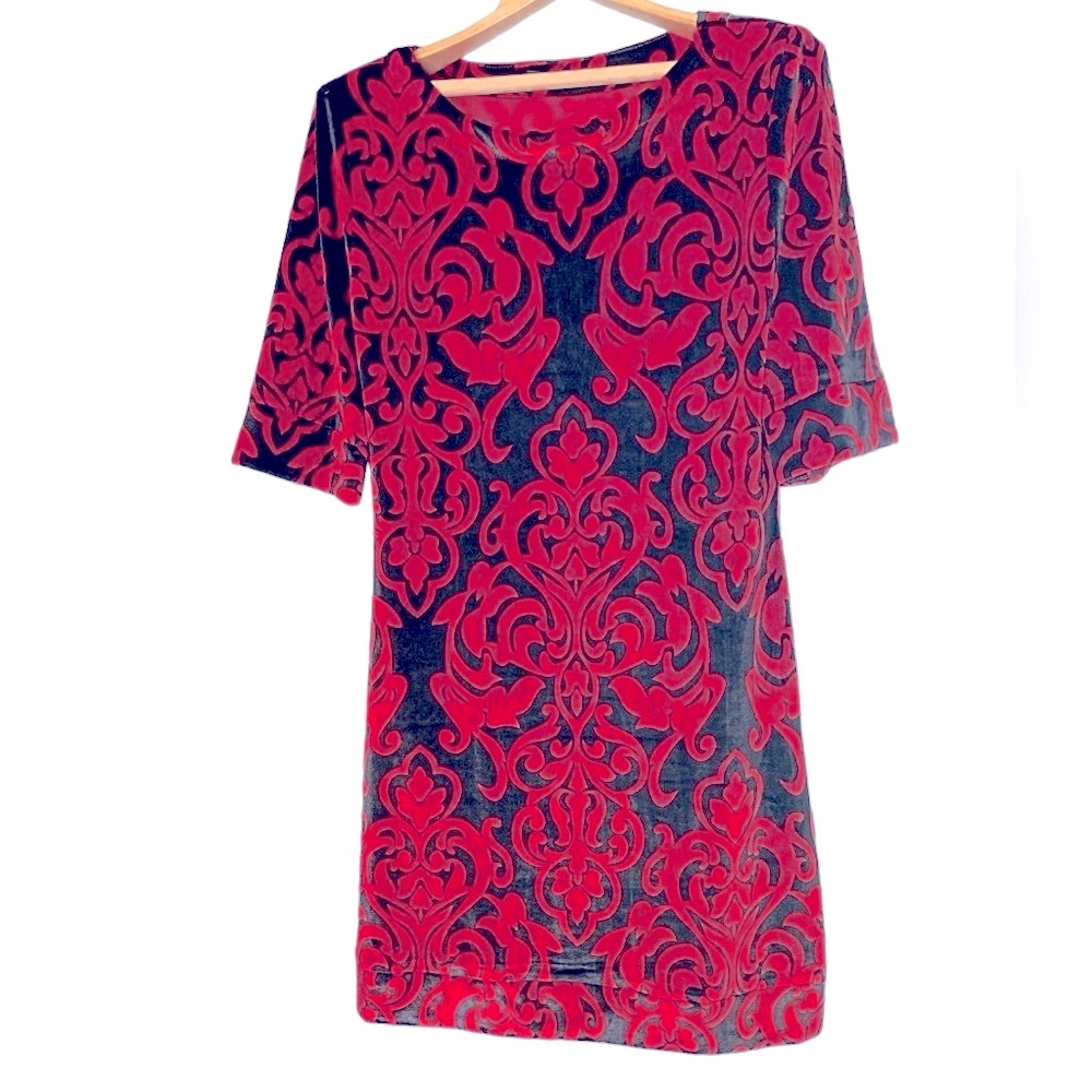 Courage.b Boho Velvet Black/Red Pullover Mini Dress in Size L